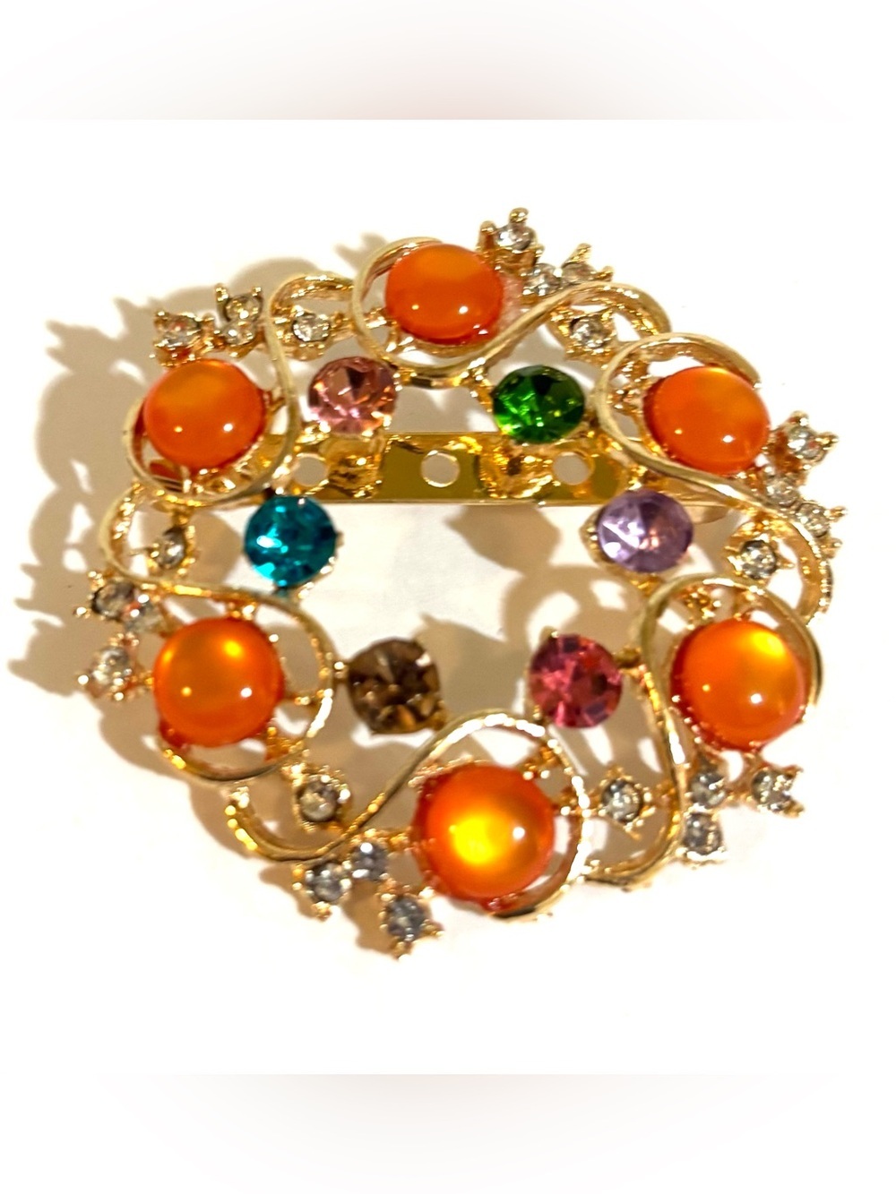 Fashion Jewelry Gold-Tone Orange Multi-Gem Wreath Brooch
